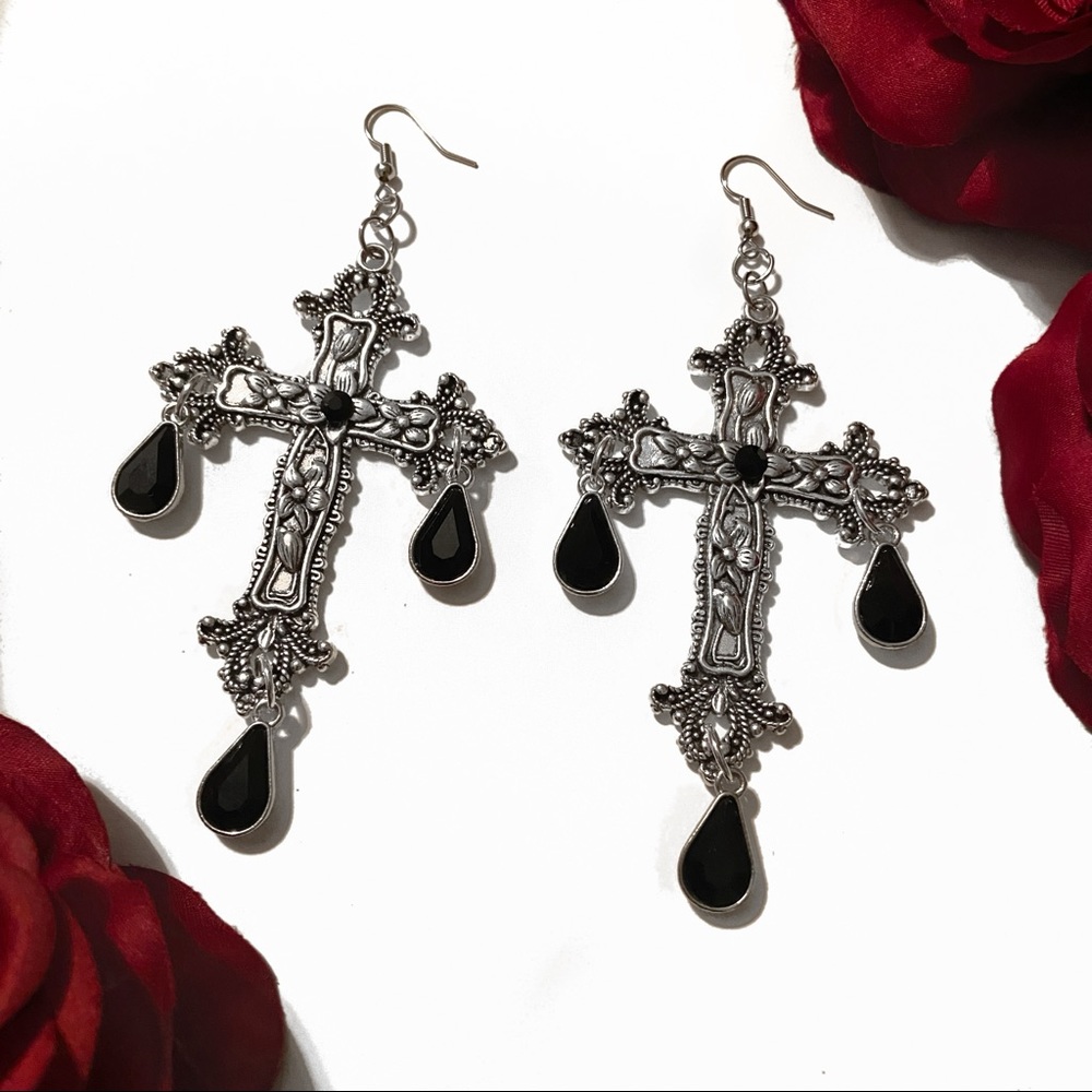 Vampire Cross Drop Earrings (Black)